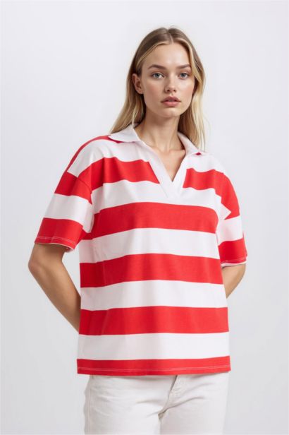 Relax Fit Polo Yaka Çizgili Penye Kısa Kollu Tişört