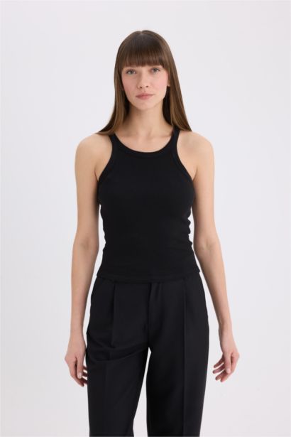 Slim Fit Dar Kesim Halter Yaka Basic Düz Fitilli Kaşkorse Atlet