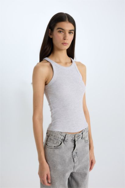 Slim Fit Dar Kesim Halter Yaka Basic Düz Fitilli Kaşkorse Atlet