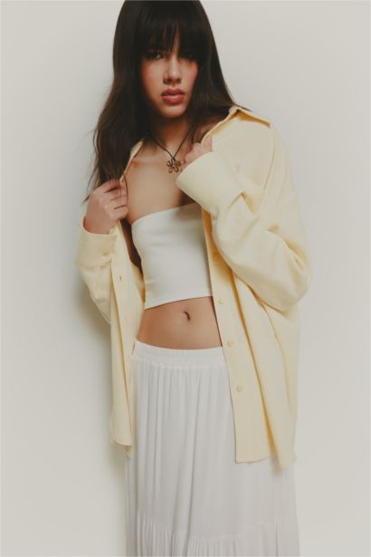 Oversize Shirt Collar Linen Blended Long Sleeve Shirt