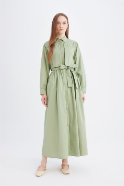 فستان كم طويل بوبلين برقبة قميص