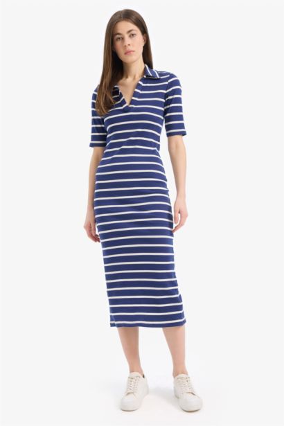 Bodycon Vücudu Saran Polo Yaka Çizgili Fitilli Kaşkorse Kısa Kollu Midi Elbise