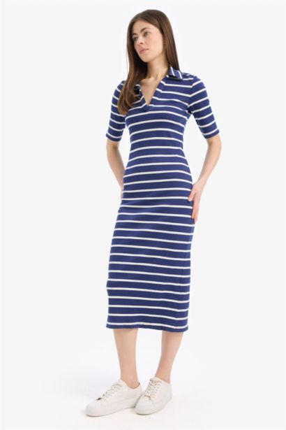 Bodycon Vücudu Saran Polo Yaka Çizgili Fitilli Kaşkorse Kısa Kollu Midi Elbise