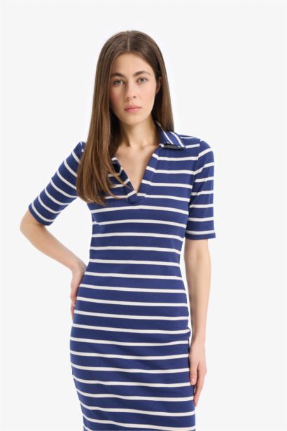 Bodycon Vücudu Saran Polo Yaka Çizgili Fitilli Kaşkorse Kısa Kollu Midi Elbise