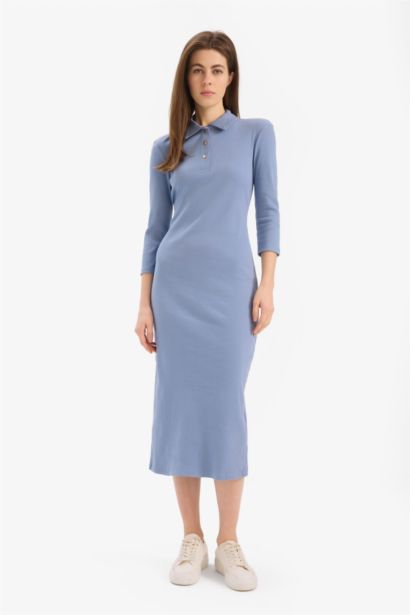 Bodycon Vücudu Saran Polo Yaka Fitilli Kaşkorse Yarım Kollu Midi Elbise