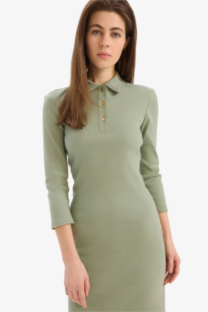 Bodycon Vücudu Saran Polo Yaka Basic Düz Fitilli Kaşkorse Yarım Kollu Midi Elbise