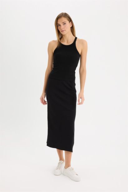 Fitted Body-hugging Slit Basic Camisole Black Midi Skirt