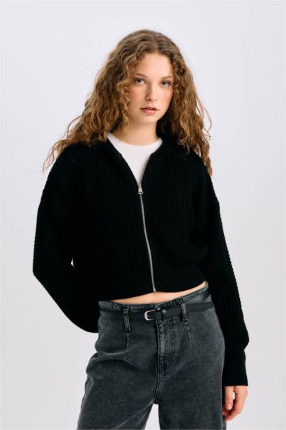 Regular Fit Kapüşonlu Fermuarlı Triko Hırka