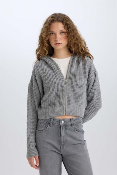 Regular Fit Kapüşonlu Fermuarlı Triko Hırka