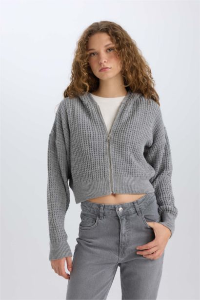 Regular Fit Kapüşonlu Fermuarlı Triko Hırka