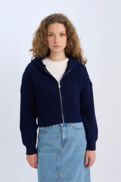 Regular Fit Kapüşonlu Fermuarlı Triko Hırka