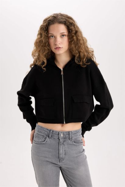 Regular Fit Kapüşonlu Basic Düz Fermuarlı Triko Hırka