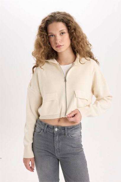 Kapüşonlu Basıc Fermuarlı Triko Hırka