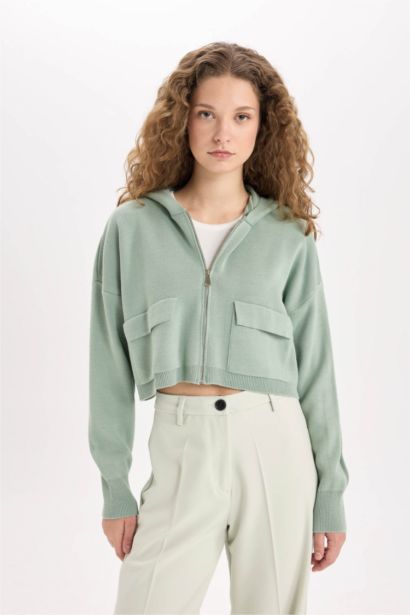 Regular Fit Kapüşonlu Basic Düz Fermuarlı Triko Hırka