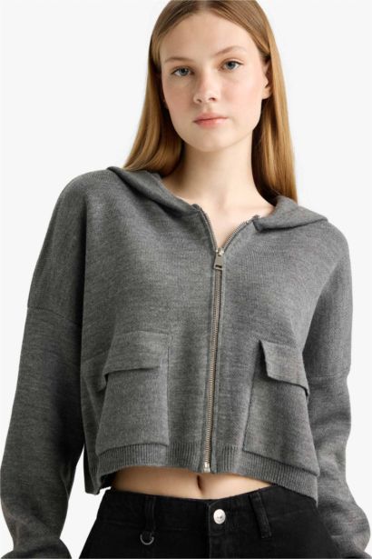 Kapüşonlu Basıc Fermuarlı Triko Hırka