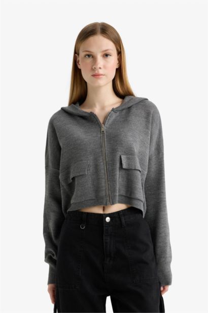 Kapüşonlu Basıc Fermuarlı Triko Hırka