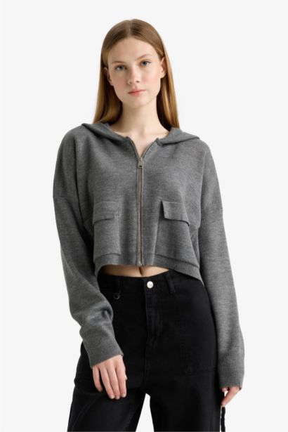 Kapüşonlu Basıc Fermuarlı Triko Hırka