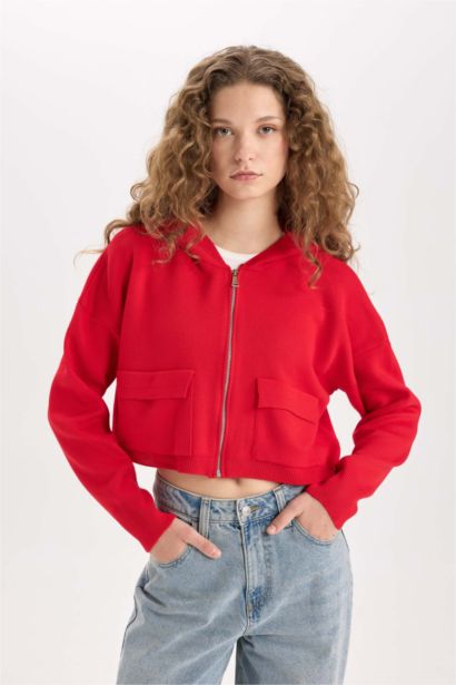 Regular Fit Kapüşonlu Basic Düz Fermuarlı Triko Hırka