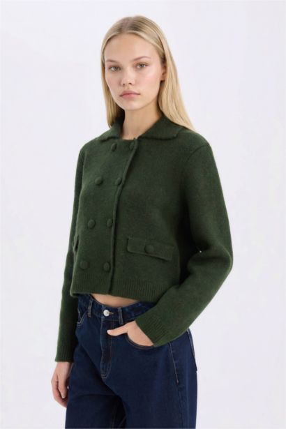 Regular Fit Polo Neck Basic Buttoned Knitted Cardigan