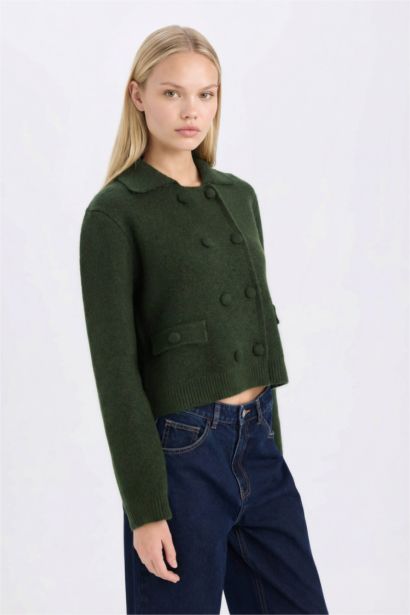 Regular Fit Polo Neck Basic Buttoned Knitted Cardigan