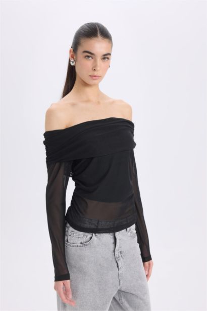 Slim Fit Open Shoulder Tulle Long Sleeve T-Shirt
