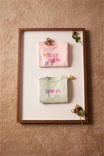 Lot de 2 T-shirts imprimés à col rond et manches longues pour bébé fille
