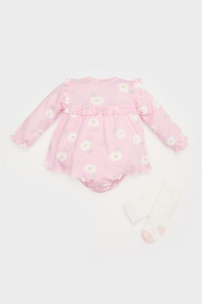 Ensemble de Robe fleurie à manches longues avec chaussettes pour bébé fille