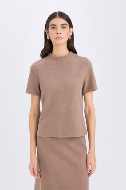 Selanik Kumaş 2'li Takım Kısa Kollu Üst Beli Lastikli Midi Etek