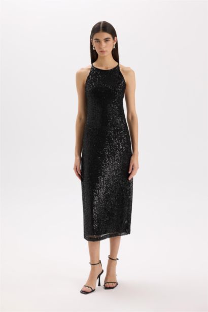 Halter Collar Sequined Fabric Sleeveless Maxi Dress
