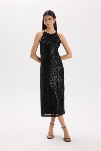 Halter Collar Sequined Fabric Sleeveless Maxi Dress