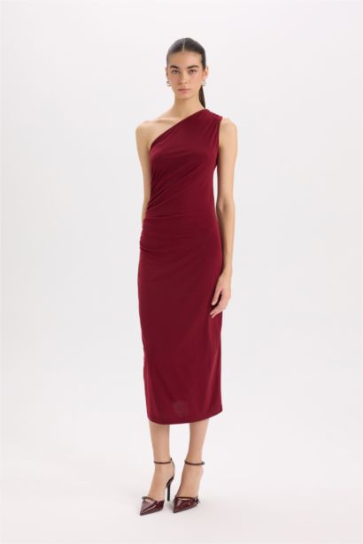 Bodycon Vücudu Saran Basic Düz Tek Omuzlu Bordo Midi Elbise