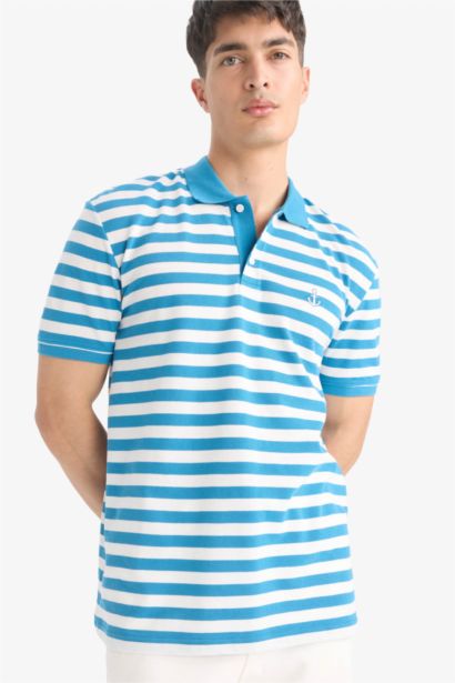 %100 Pamuk Regular Fit Polo Yaka Kısa Kollu Çizgili Nakışlı Pike Tişört