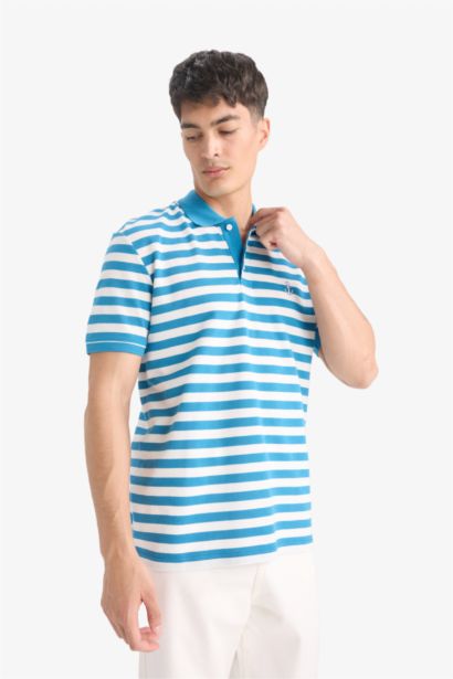 %100 Pamuk Regular Fit Polo Yaka Kısa Kollu Çizgili Nakışlı Pike Tişört