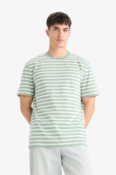 %100 Pamuk Regular Fit Bisiklet Yaka Kısa Kollu Çizgili Tişört