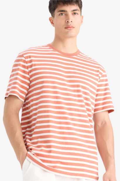 تيشيرت مخطط قطن قصة عادية بياخة مستديرة