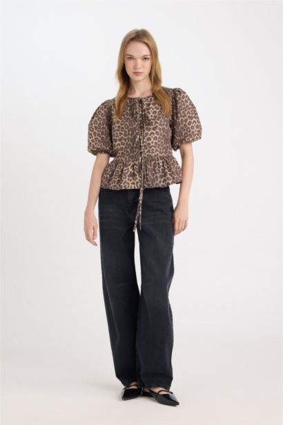 Regular Fit Round Neck Front Tie Poplin Leopard Blouse