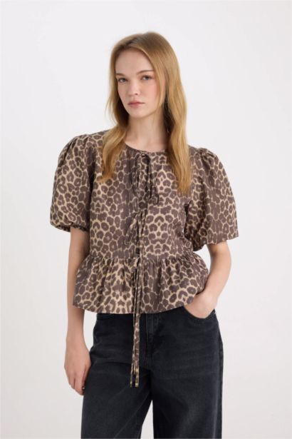 Regular Fit Round Neck Front Tie Poplin Leopard Blouse