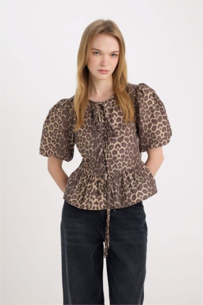 Regular Fit Round Neck Front Tie Poplin Leopard Blouse