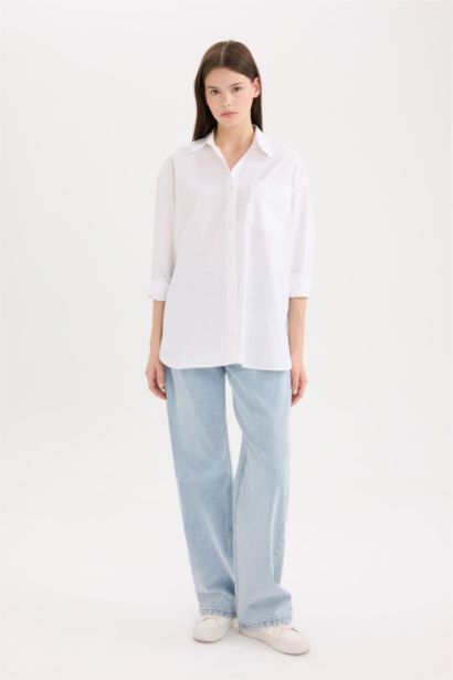 قميص كم طويل بوبلين اوفر سايز بياقة قميص