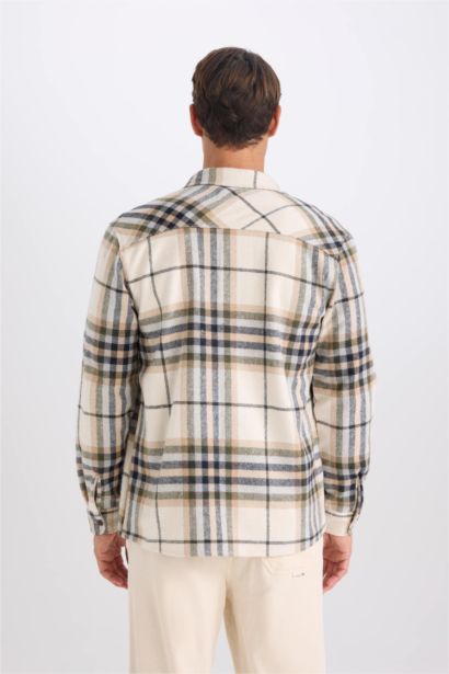 قميص كاروهات كم طويل قصة عادية برقبة بولو