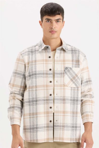 قميص كاروهات كم طويل قصة عادية برقبة بولو