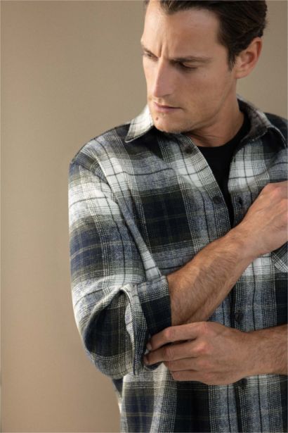 Regular Fıt Polo Yaka Kareli Flanel Uzun Kollu Gömlek