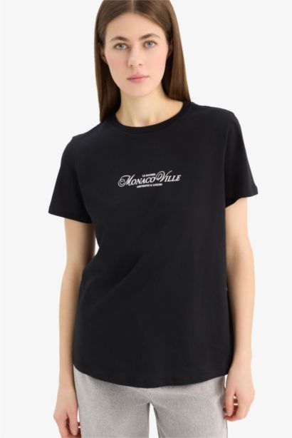 Regular Fit Bisiklet Yaka Baskılı Penye Kısa Kollu Tişört