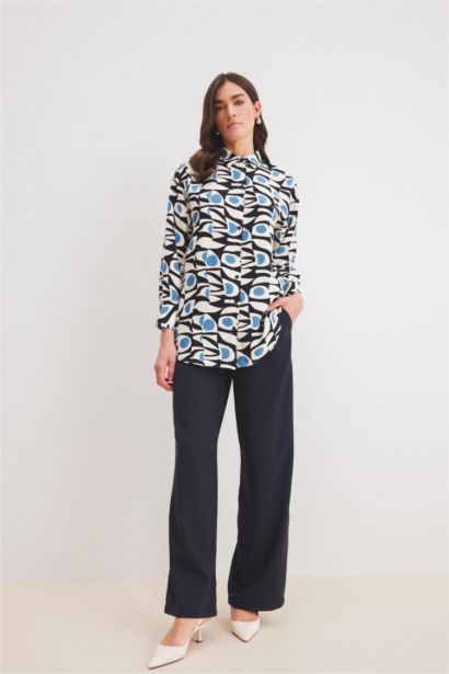 Relax Fit Shirt Collar Printed Long Sleeve Tunic