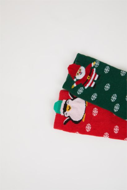 Yılbaşı Temalı Yeni Yıl Baskılı Dikişsiz 2'li Pamuklu Uzun Çorap Kız Bebek