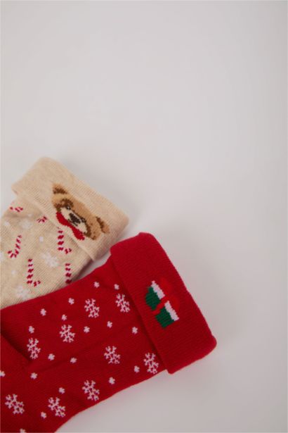 Yılbaşı Temalı Yeni Yıl Baskılı Dikişsiz 2'li Pamuklu Uzun Çorap Kız Bebek