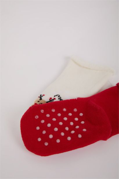 Yılbaşı Temalı Yeni Yıl Baskılı Dikişsiz 2'li Pamuklu Uzun Çorap Kız Bebek