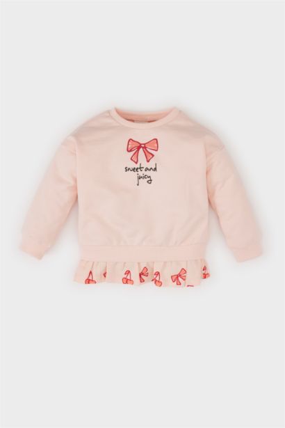 Bisiklet Yaka Baskılı İçi Yumuşak Tüylü Sweatshirt Kız Bebek