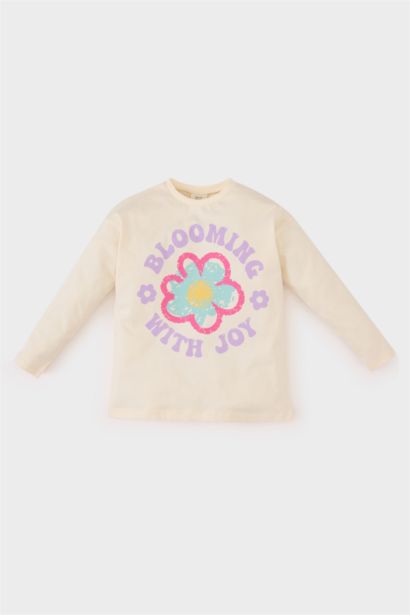 تيشيرت بنات كم طويل بطبعة زهور قصة عادية برقبة مستديرة