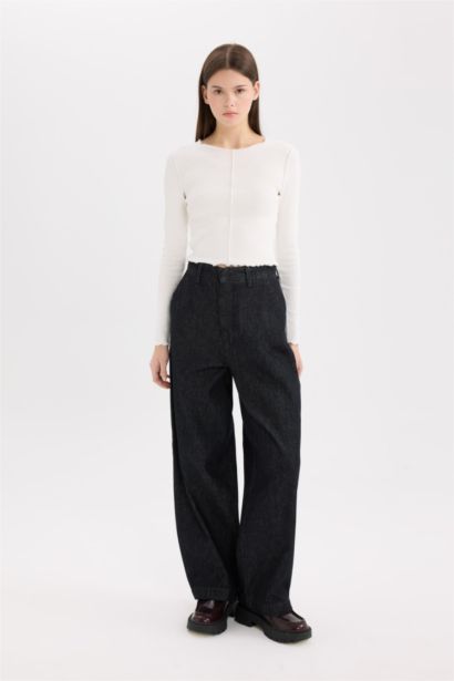 بنطلون جينز باجي فيت طويل بخصر عالي